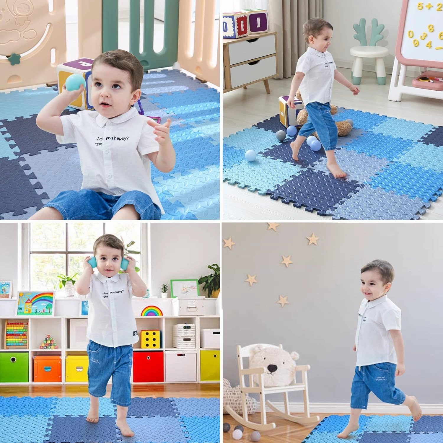16 Tiles Foam Play Mat for Baby, Soft & Safe EVA Foam Mats for Floor, Square Baby Play Mat, Kids Foam Puzzle Floor Mat, 47x47 Play Mat for Playpen(Dark Blue/Gray Blue/Light Blue/Blue)