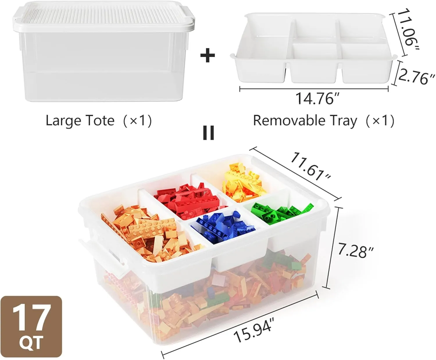 17QT Plastic Storage Boxes with Baseplate Lid, Stackable Bricks Storage Organizers and Storage Containers with Removable Tray, Clear Craft Storage Bins for Beads, Toys, Sewing