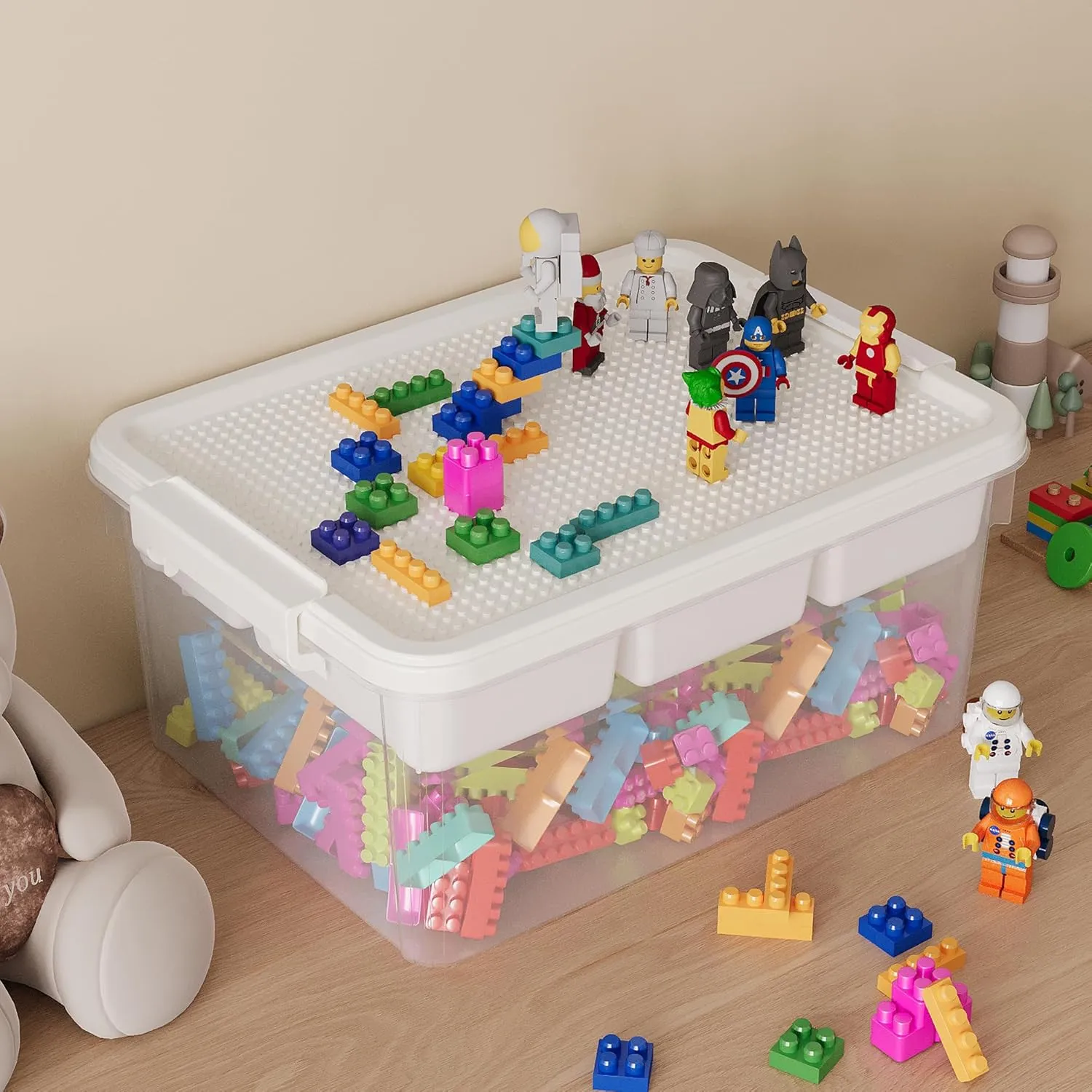 17QT Plastic Storage Boxes with Baseplate Lid, Stackable Bricks Storage Organizers and Storage Containers with Removable Tray, Clear Craft Storage Bins for Beads, Toys, Sewing