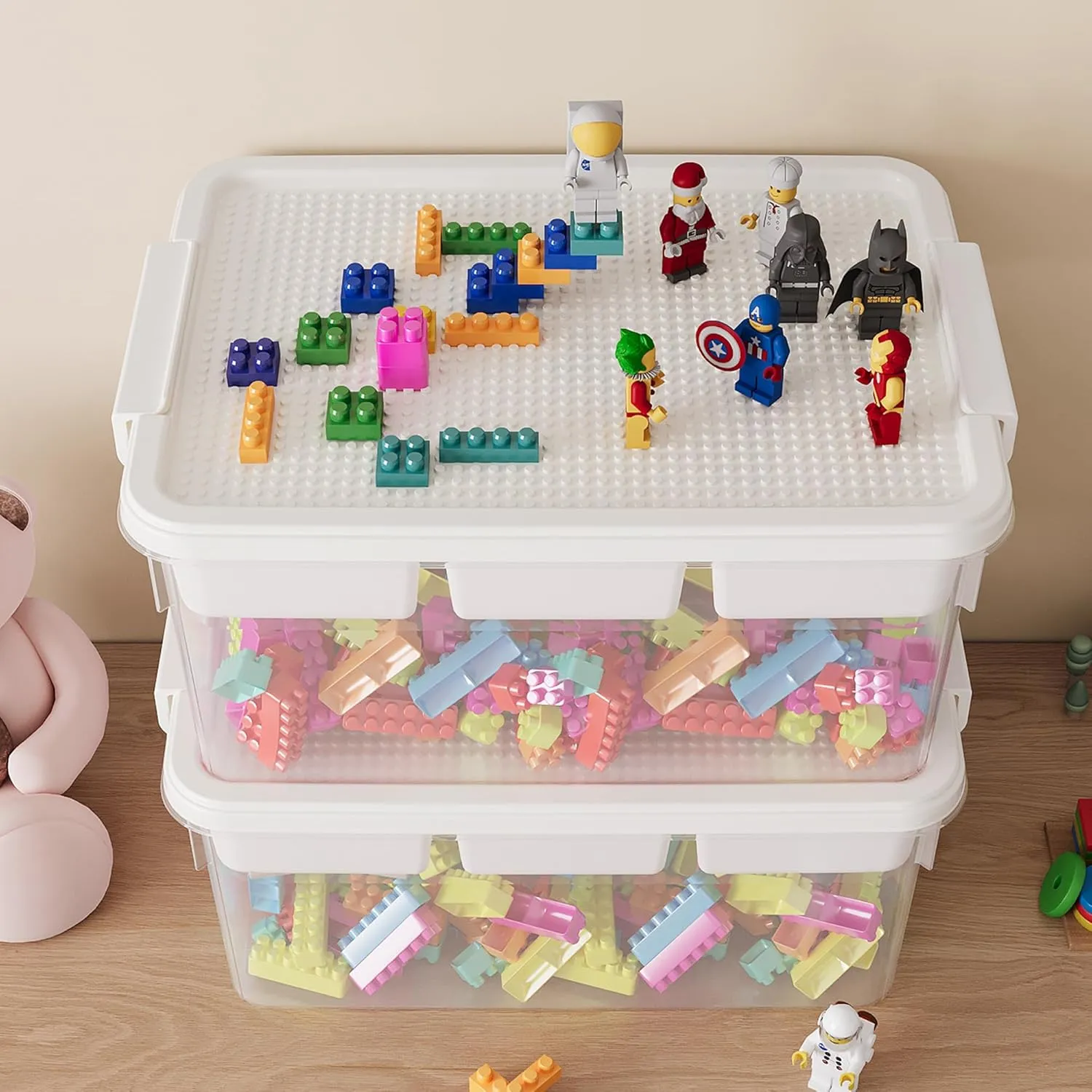 17QT Plastic Storage Boxes with Baseplate Lid, Stackable Bricks Storage Organizers and Storage Containers with Removable Tray, Clear Craft Storage Bins for Beads, Toys, Sewing