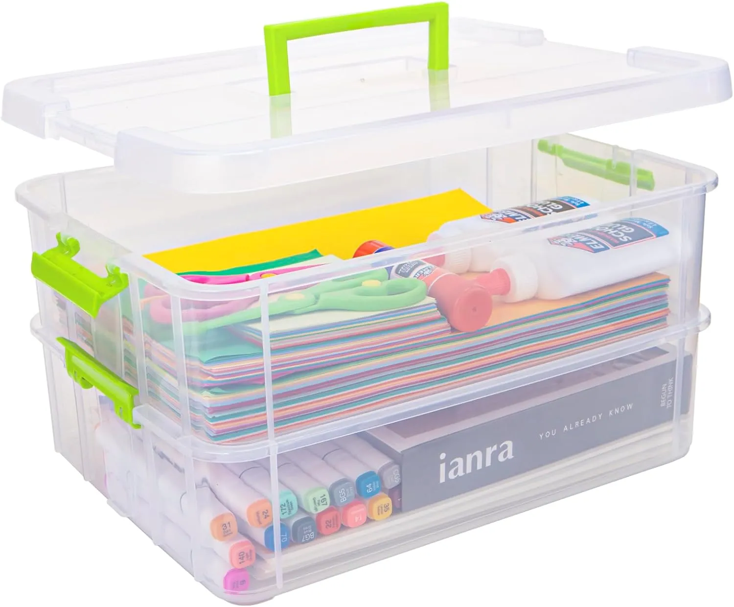 2 Layer Plastic Storage Containers with Lids, Multipurpose Clear Stack & Carry Box, Portable Craft Organizers and Storage Bin for Organizing Art & Craft, Sewing, Makeup, Nail Supplies (Green)