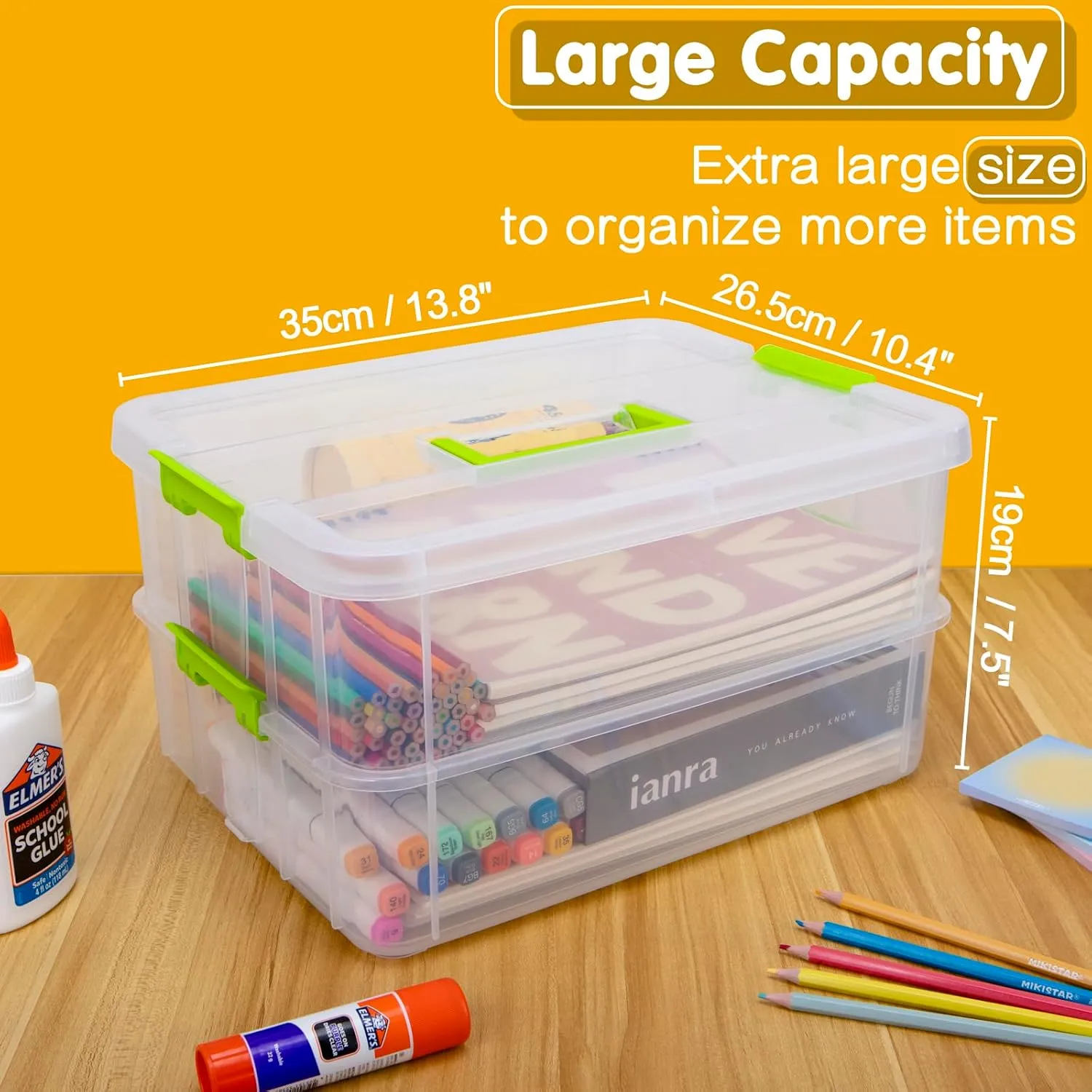 2 Layer Plastic Storage Containers with Lids, Multipurpose Clear Stack & Carry Box, Portable Craft Organizers and Storage Bin for Organizing Art & Craft, Sewing, Makeup, Nail Supplies (Green)
