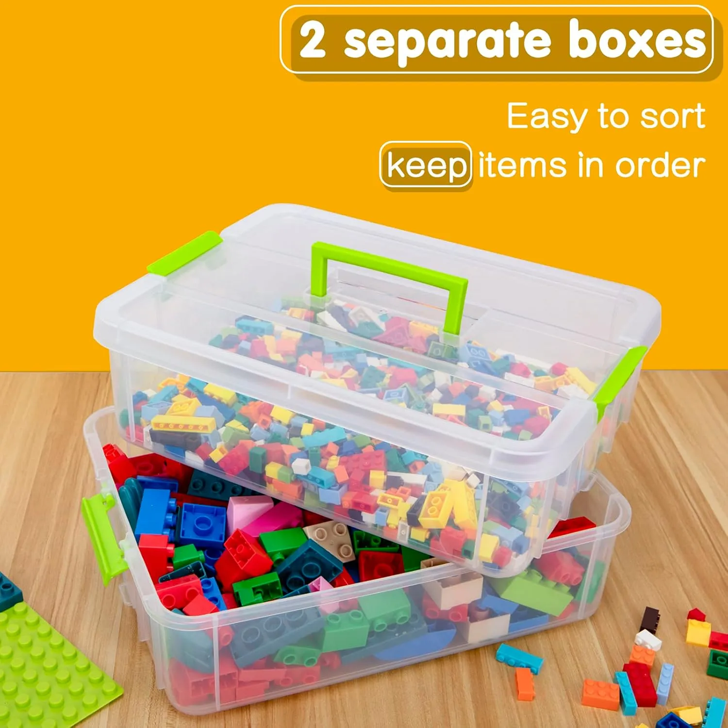 2 Layer Plastic Storage Containers with Lids, Multipurpose Clear Stack & Carry Box, Portable Craft Organizers and Storage Bin for Organizing Art & Craft, Sewing, Makeup, Nail Supplies (Green)