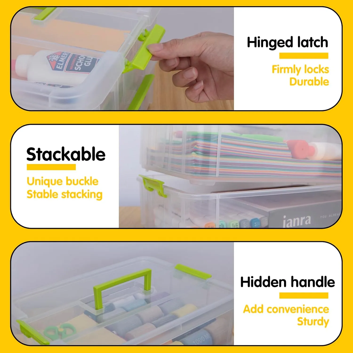 2 Layer Plastic Storage Containers with Lids, Multipurpose Clear Stack & Carry Box, Portable Craft Organizers and Storage Bin for Organizing Art & Craft, Sewing, Makeup, Nail Supplies (Green)