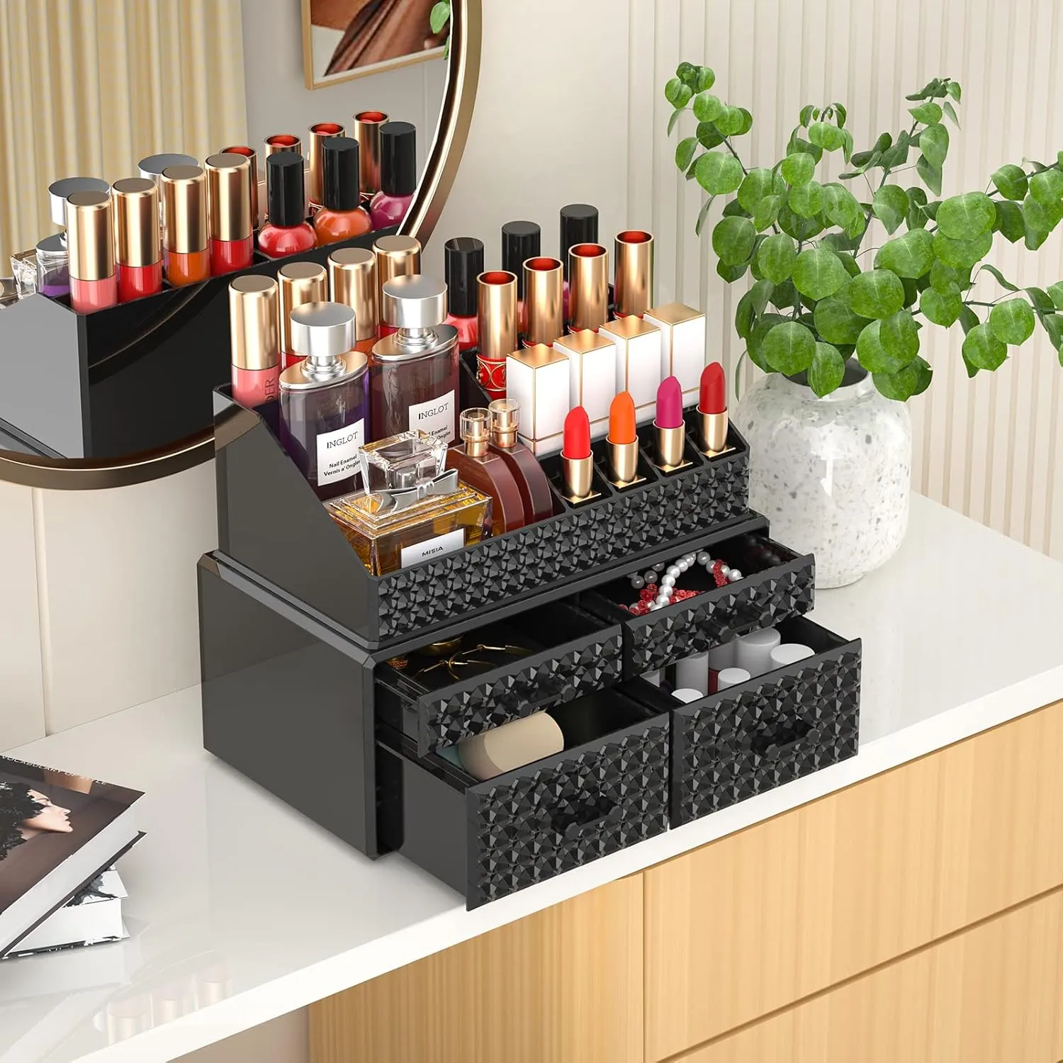2 Pack Stackable Makeup Organizer with Drawers[Upgraded]-Black Acrylic Make up Organizers and Storage Case for Cosmetics,Brush,Perfume,Jewelry Display, Vanity and Bathroom Accessories