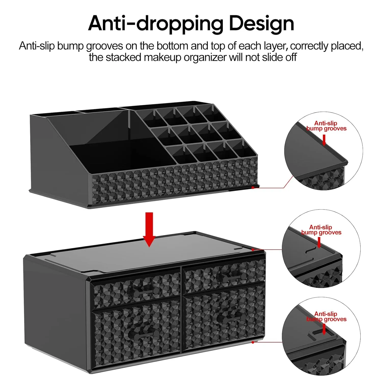 2 Pack Stackable Makeup Organizer with Drawers[Upgraded]-Black Acrylic Make up Organizers and Storage Case for Cosmetics,Brush,Perfume,Jewelry Display, Vanity and Bathroom Accessories