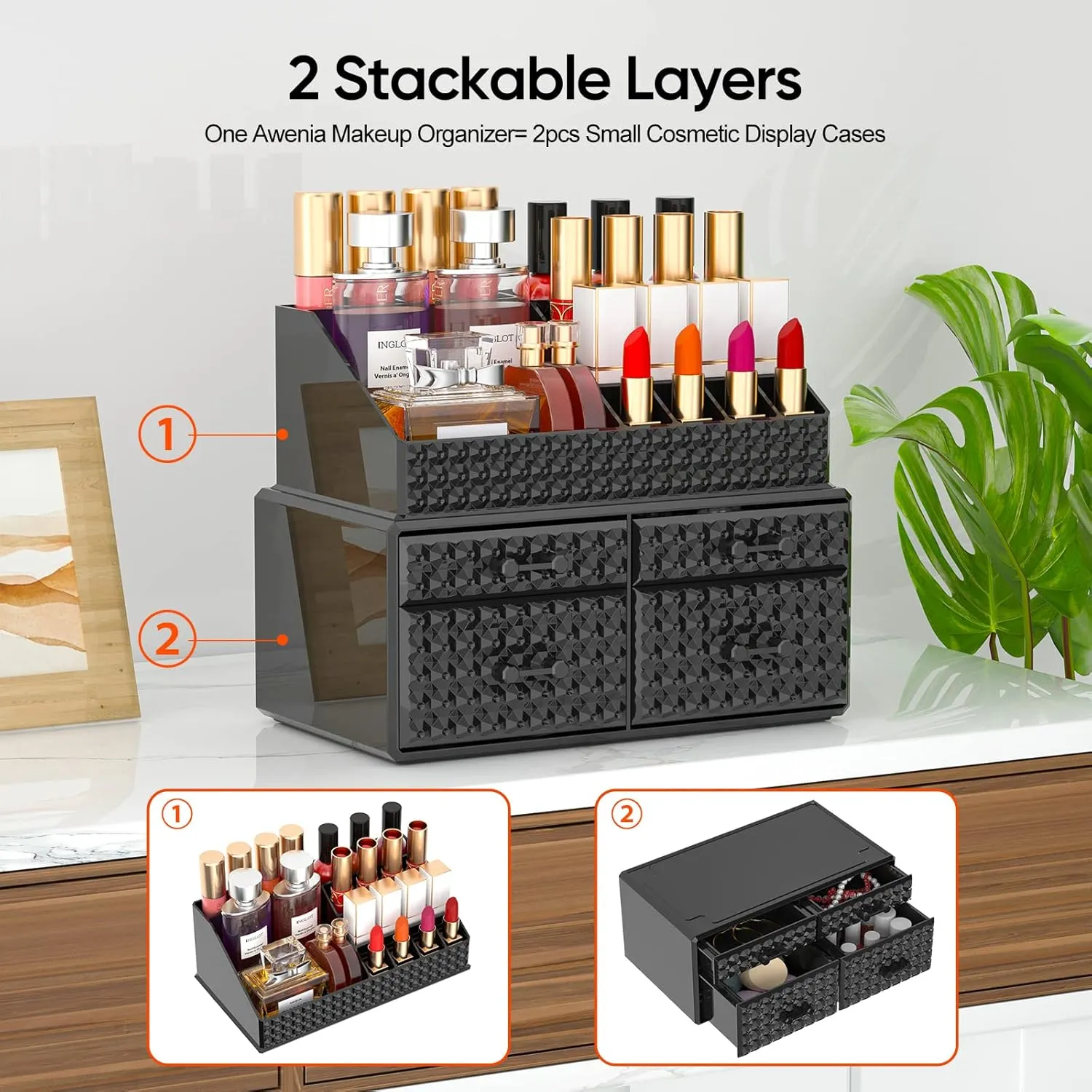 2 Pack Stackable Makeup Organizer with Drawers[Upgraded]-Black Acrylic Make up Organizers and Storage Case for Cosmetics,Brush,Perfume,Jewelry Display, Vanity and Bathroom Accessories
