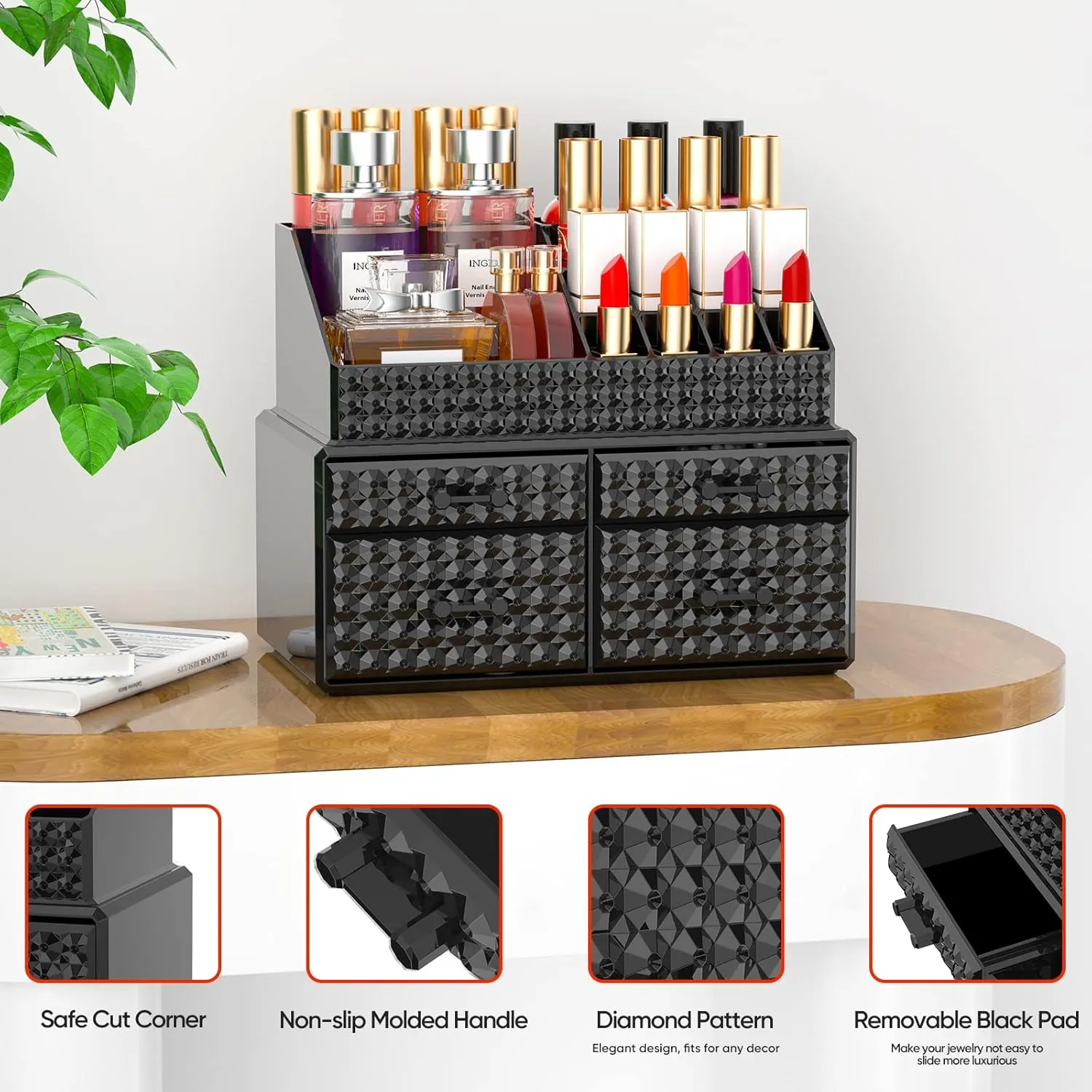 2 Pack Stackable Makeup Organizer with Drawers[Upgraded]-Black Acrylic Make up Organizers and Storage Case for Cosmetics,Brush,Perfume,Jewelry Display, Vanity and Bathroom Accessories