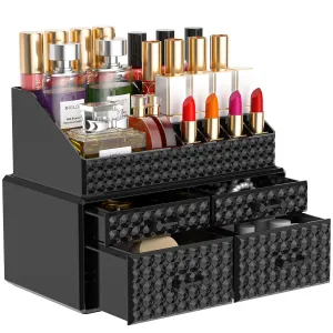 2 Pack Stackable Makeup Organizer with Drawers[Upgraded]-Black Acrylic Make up Organizers and Storage Case for Cosmetics,Brush,Perfume,Jewelry Display, Vanity and Bathroom Accessories
