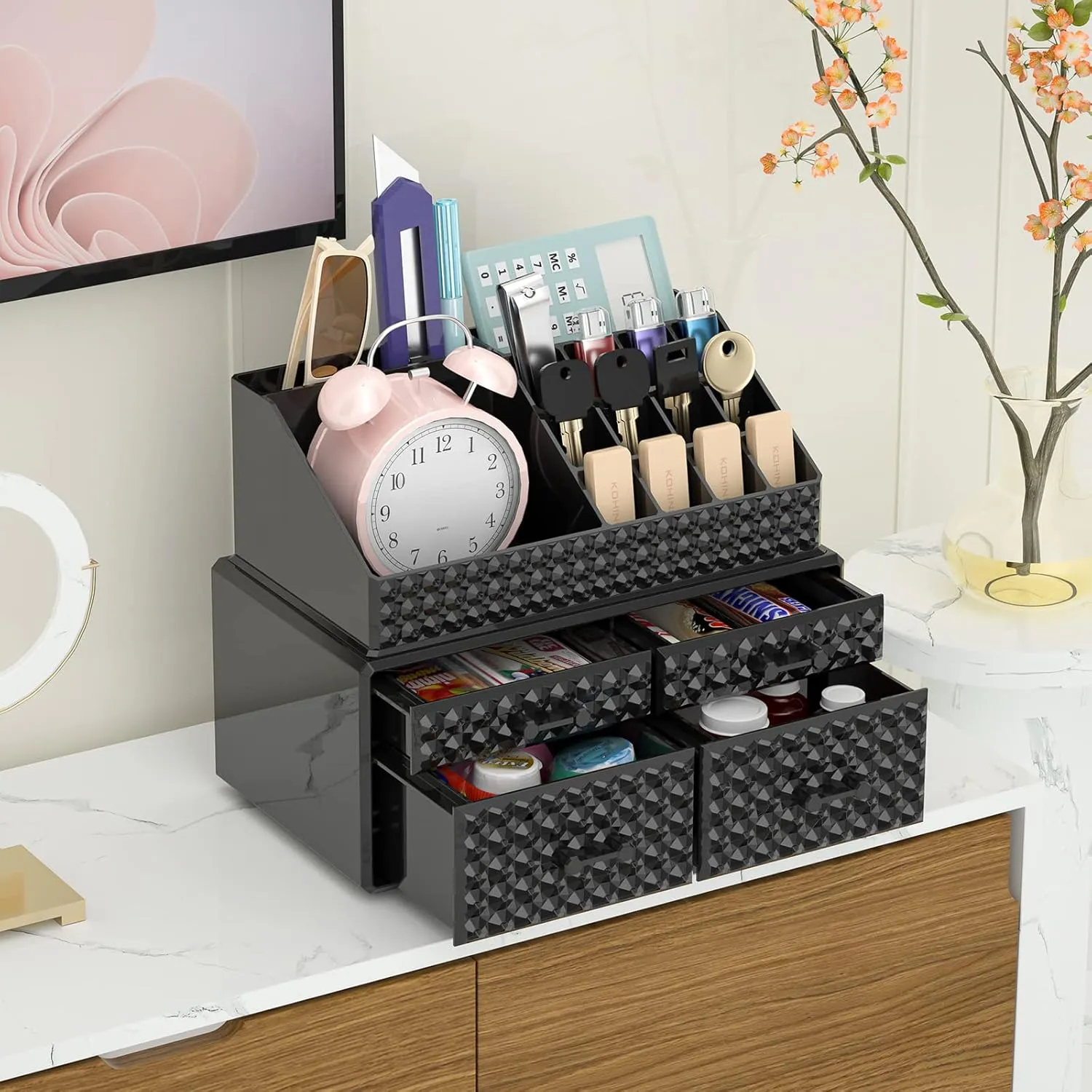 2 Pack Stackable Makeup Organizer with Drawers[Upgraded]-Black Acrylic Make up Organizers and Storage Case for Cosmetics,Brush,Perfume,Jewelry Display, Vanity and Bathroom Accessories