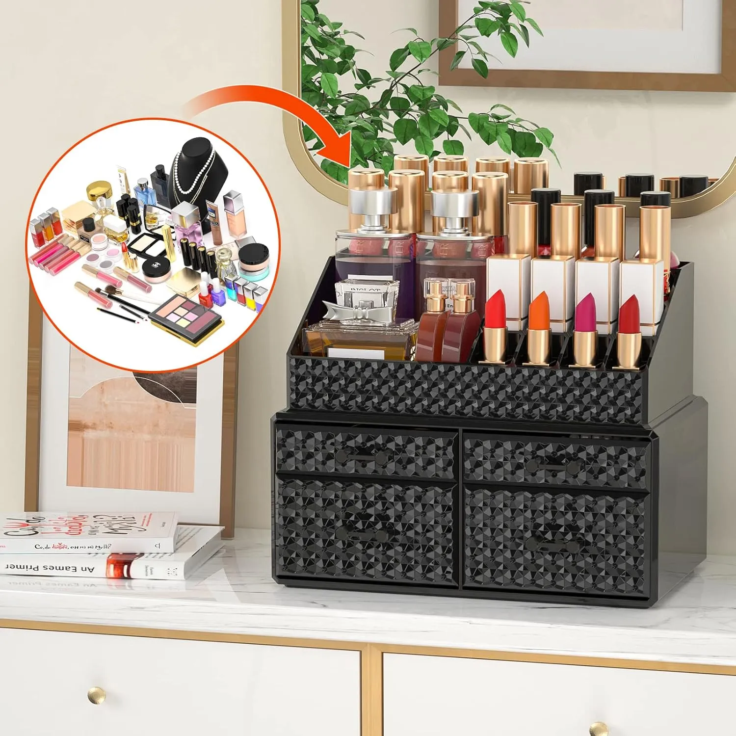 2 Pack Stackable Makeup Organizer with Drawers[Upgraded]-Black Acrylic Make up Organizers and Storage Case for Cosmetics,Brush,Perfume,Jewelry Display, Vanity and Bathroom Accessories