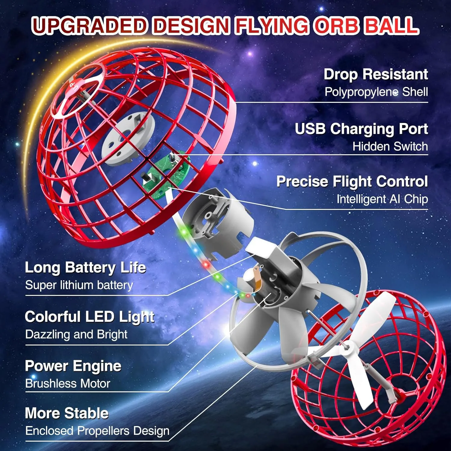 2023 Flying Orb Ball Toys, Galaxy Ball Flying Spinner with Light, Magic Gravity Ball Flying Toy, Cool Boomerang Ball for 6 7 8 9 10  Year Old Boys Girls Adult Indoor Outdoor (Red)