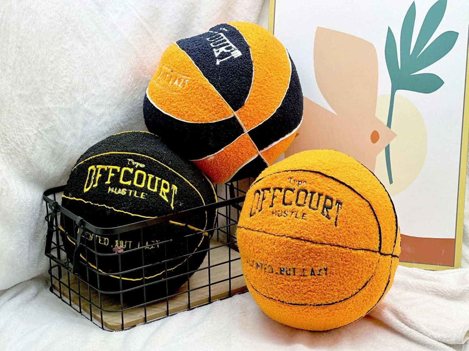 2023 New Offcourt Basketball Pillow, 11" Basketball Shaped Teddy Fleece Embroidered Throw Pillow Fuzzy Plush Toy Gifts for Kids Boys Girls (Black)