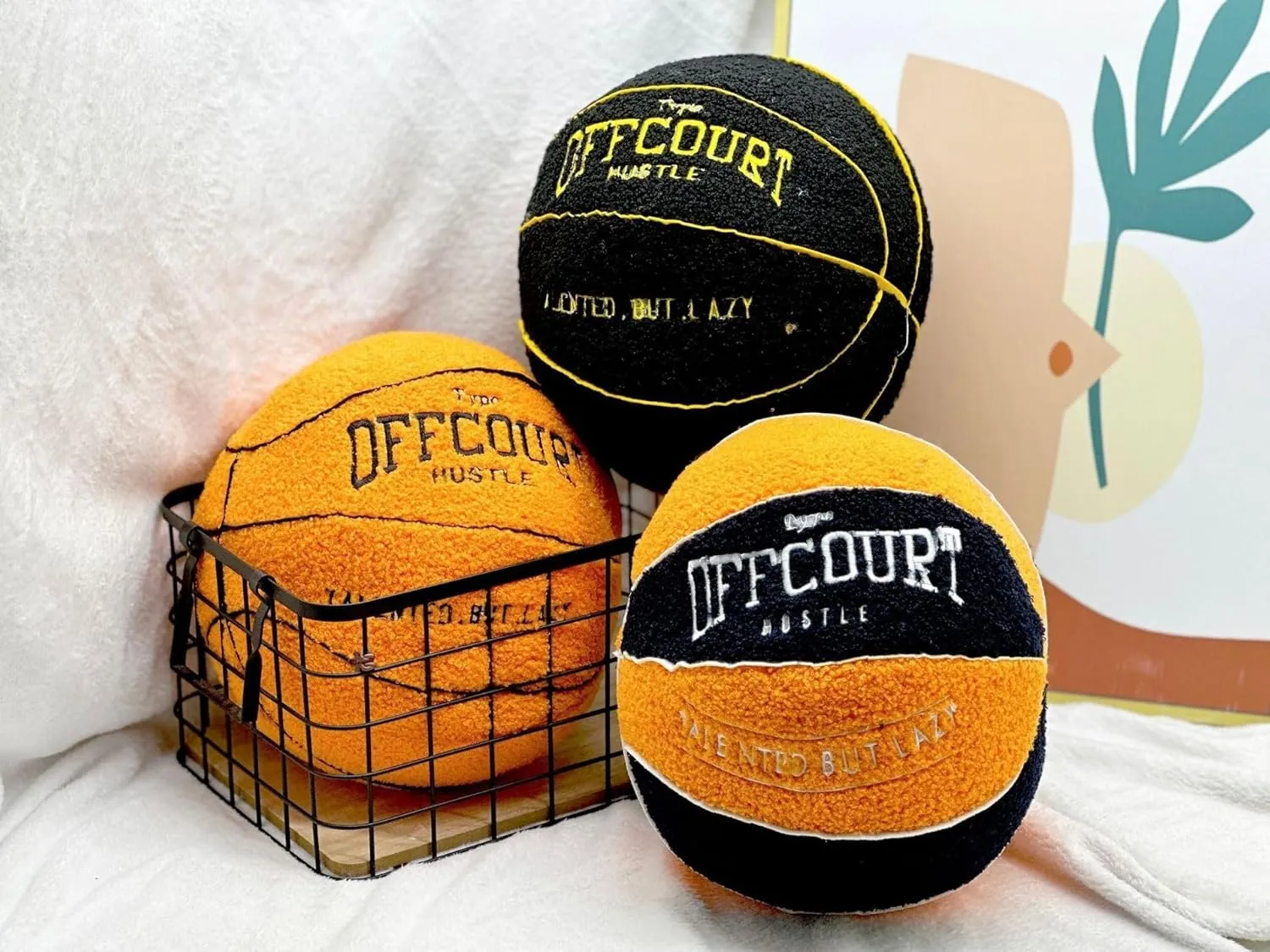 2023 New Offcourt Basketball Pillow, 11" Basketball Shaped Teddy Fleece Embroidered Throw Pillow Fuzzy Plush Toy Gifts for Kids Boys Girls (Black)