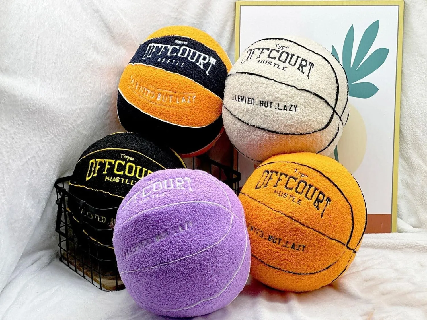 2023 New Offcourt Basketball Pillow, 11" Basketball Shaped Teddy Fleece Embroidered Throw Pillow Fuzzy Plush Toy Gifts for Kids Boys Girls (Black)