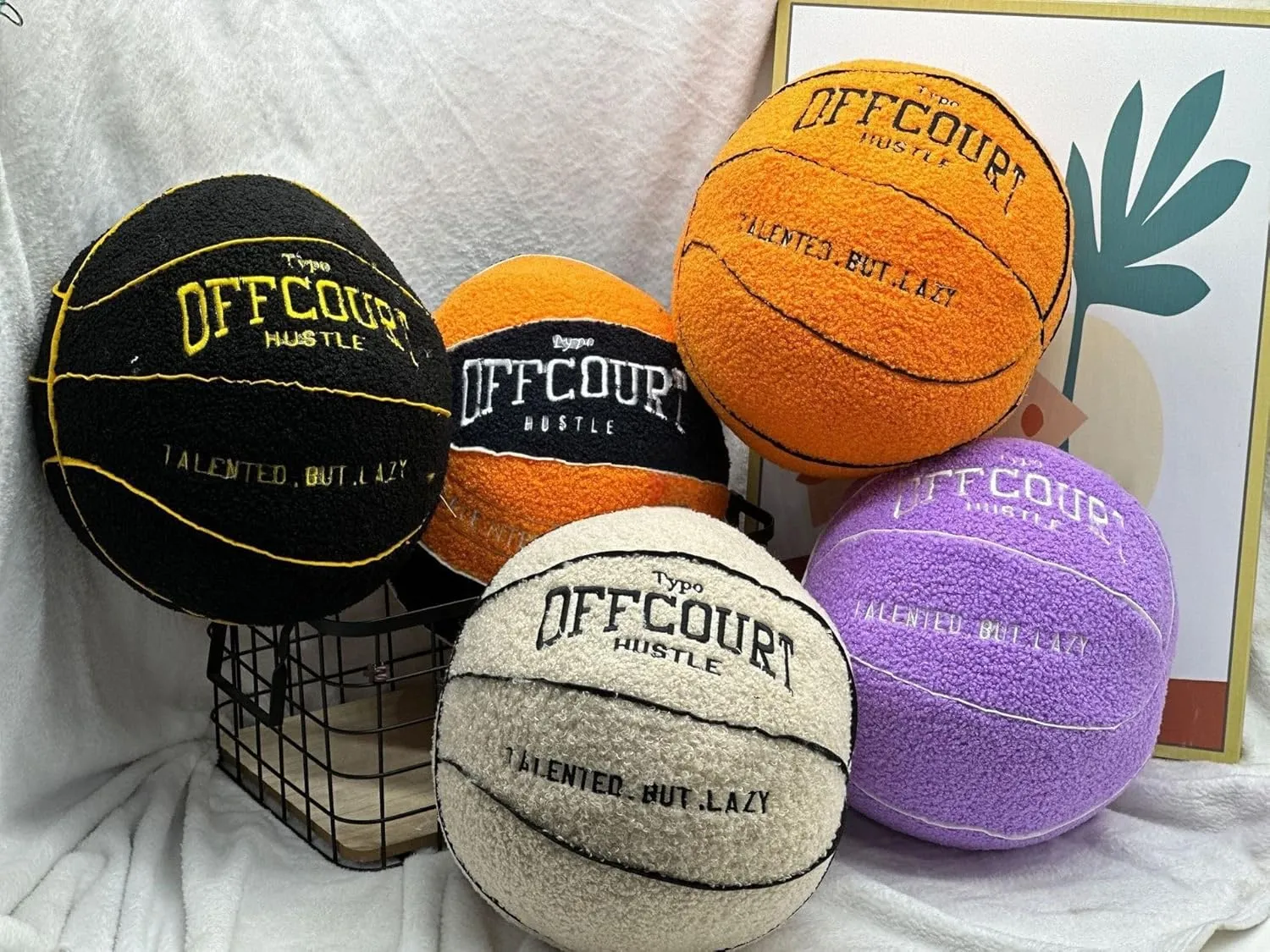 2023 New Offcourt Basketball Pillow, 11" Basketball Shaped Teddy Fleece Embroidered Throw Pillow Fuzzy Plush Toy Gifts for Kids Boys Girls (Black)