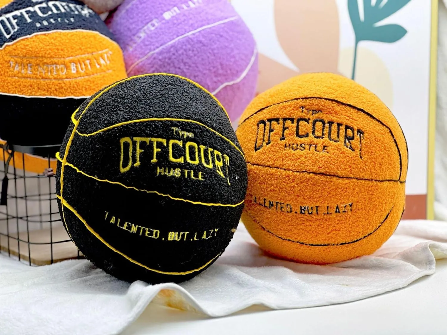 2023 New Offcourt Basketball Pillow, 11" Basketball Shaped Teddy Fleece Embroidered Throw Pillow Fuzzy Plush Toy Gifts for Kids Boys Girls (Black)
