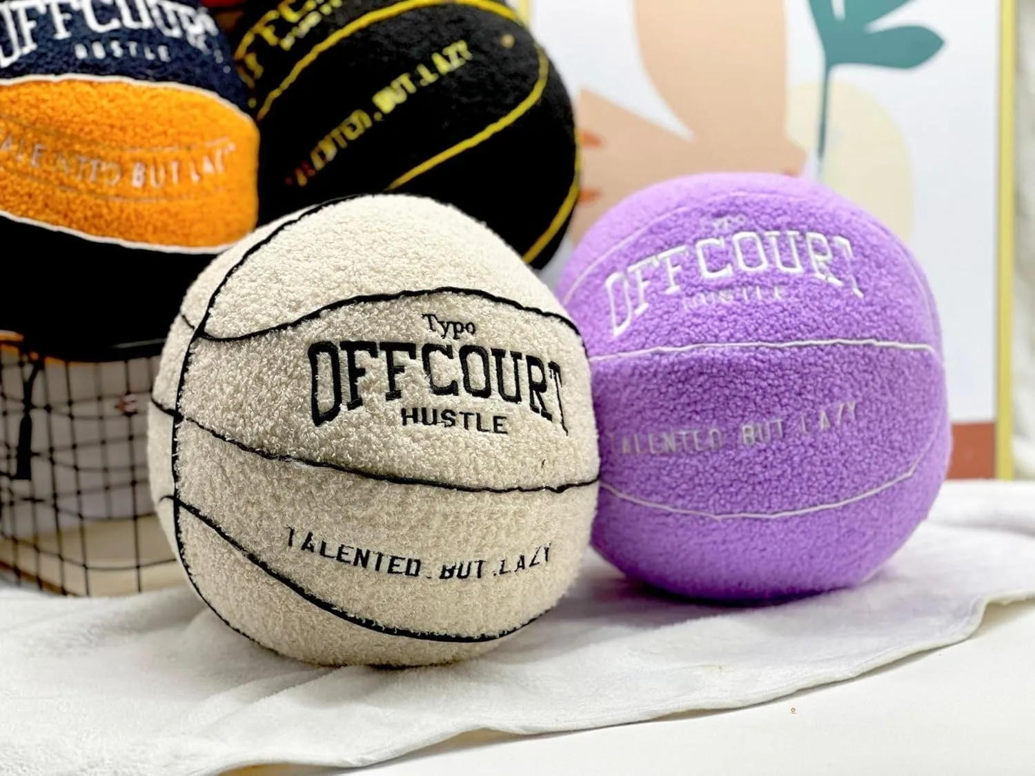 2023 New Offcourt Basketball Pillow, 11" Basketball Shaped Teddy Fleece Embroidered Throw Pillow Fuzzy Plush Toy Gifts for Kids Boys Girls (Purple)