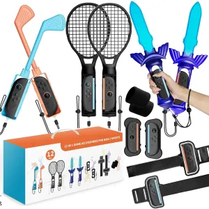 2025 Nintendo Switch 2 Sports Accessories 12 in 1 Bundle Designed for Switch Sports, Mario Golf Super Rush, Mario Tennis Ace, Just Dance, Ring Fit Adventure - Family Party Game Kit, Kids Gift Idea, Joy-Con 2 Compatible （Only for Switch 2）