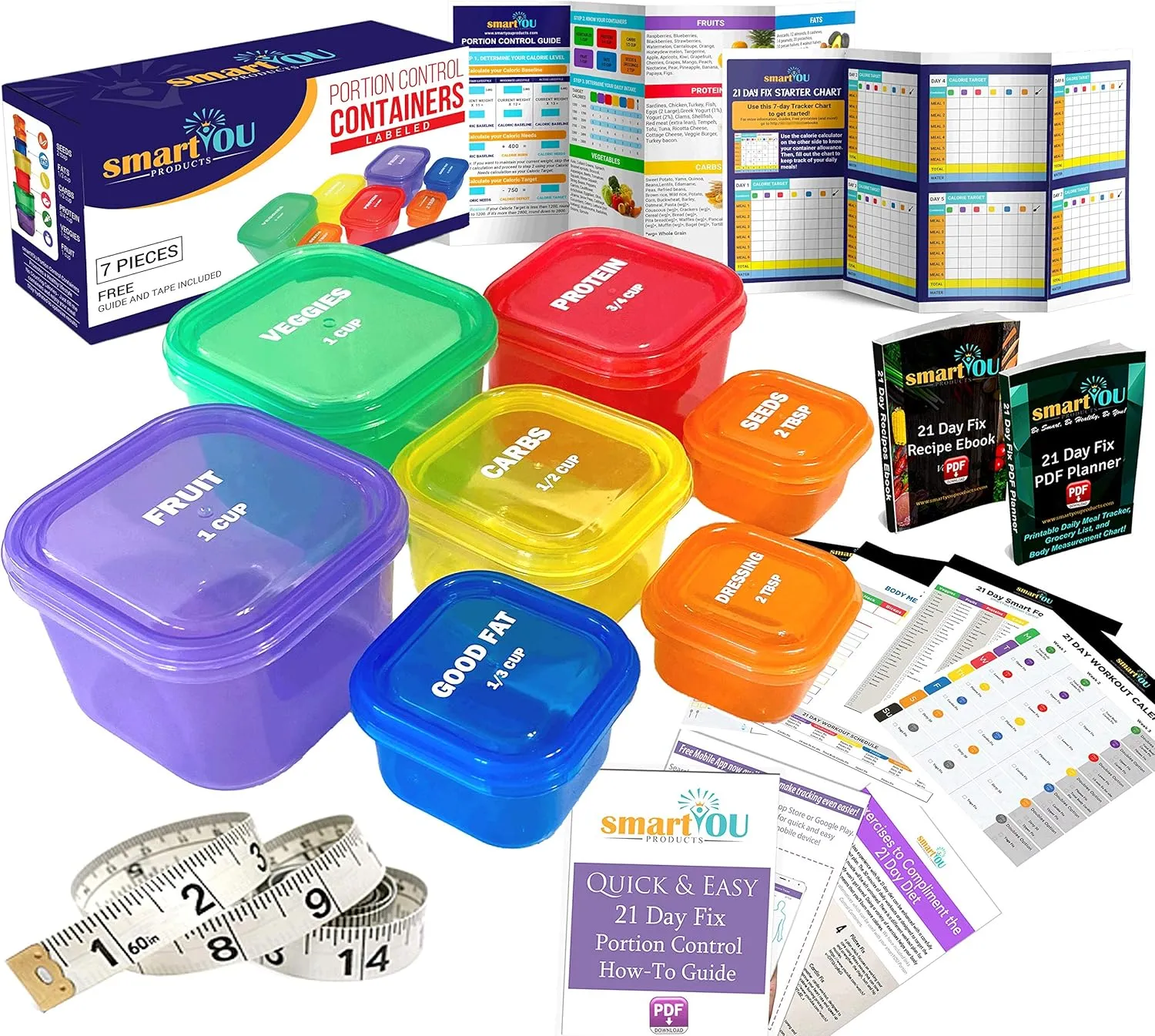 21 Day Portion Control Containers Kit - Nutrition Diet, Multi-Color Coded Weight Loss System. Complete Guide   PDF Planner   Recipe eBook and Tape Measure - BPA Free - 7 PC Labeled