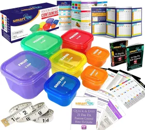 21 Day Portion Control Containers Kit - Nutrition Diet, Multi-Color Coded Weight Loss System. Complete Guide   PDF Planner   Recipe eBook and Tape Measure - BPA Free - 7 PC Labeled
