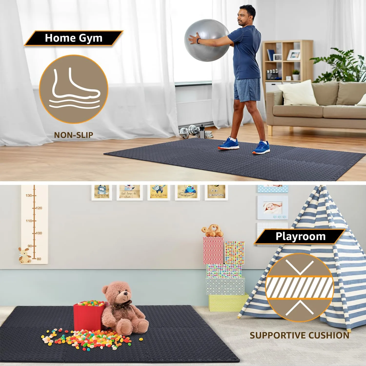 24 Pack - 1/2" Extra Thick Floor Exercise Mat for Home Gym Floor Padding for Kids - High-Density EVA Interlocking Foam Floor Tiles for Gym Equipment, Play Area, Yoga, Cardio, Weights, MMA