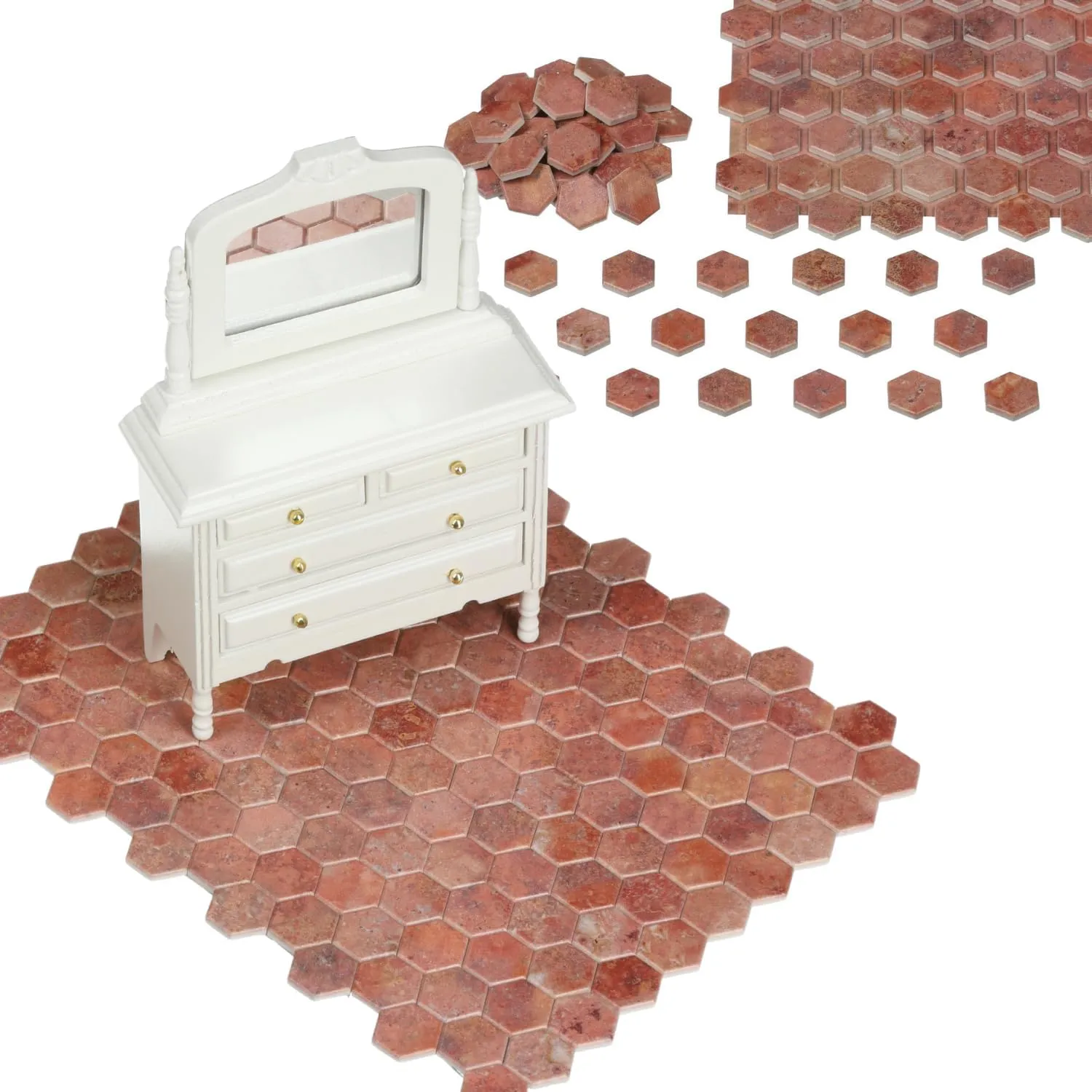240 pcs, Dollhouse Flooring, 1:12 Scale Doll House Hexagonal Tiles, Miniature Floor, REDUCIO! (Terracotta)