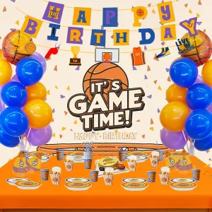 245Pcs Basketball Party Decorations with Hoop Snack Cups, Balloons, Stand, Plates, Cups, Banner, Tablecloth, Backdrop, Basketball Birthday Party Supplies Set