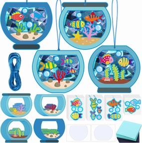 24 Sets Fishbowl Paper Crafts for Kids Summer Fish Tissue Paper Sign Craft Kit Make Your Own Aquarium DIY Paper Craft Art Projects for Kids Fun Classroom Home Activities, 4 Styles