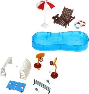 2Set Miniature Dollhouse Pool and Sports Accessories for Summer Fun Includes Swim Ring Beach Chair Basketball Hoop for DIY Fairy Garden Decoration