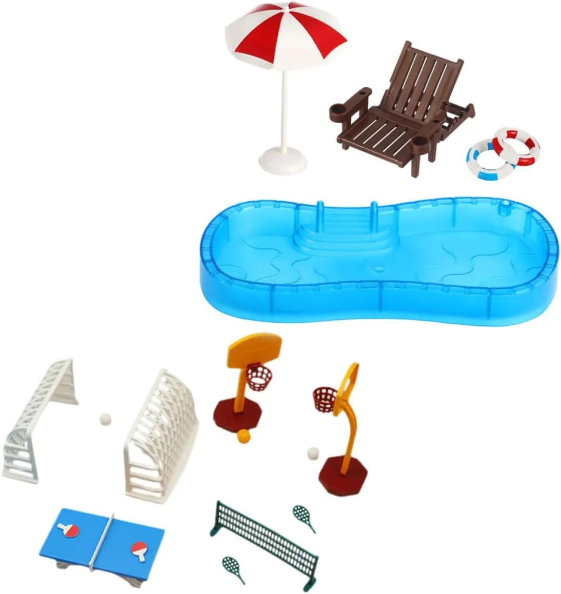 2Set Miniature Dollhouse Pool and Sports Accessories for Summer Fun Includes Swim Ring Beach Chair Basketball Hoop for DIY Fairy Garden Decoration