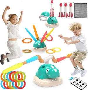 3-in-1 Outdoor&Indoor Toys for Kids and Toddlers, Musical Jumping, Ring Toss Game, Stomp Rocket Launcher, Sports & Outdoors Toys with Remote, Christmas Birthday Presents for Kids Ages 3-8