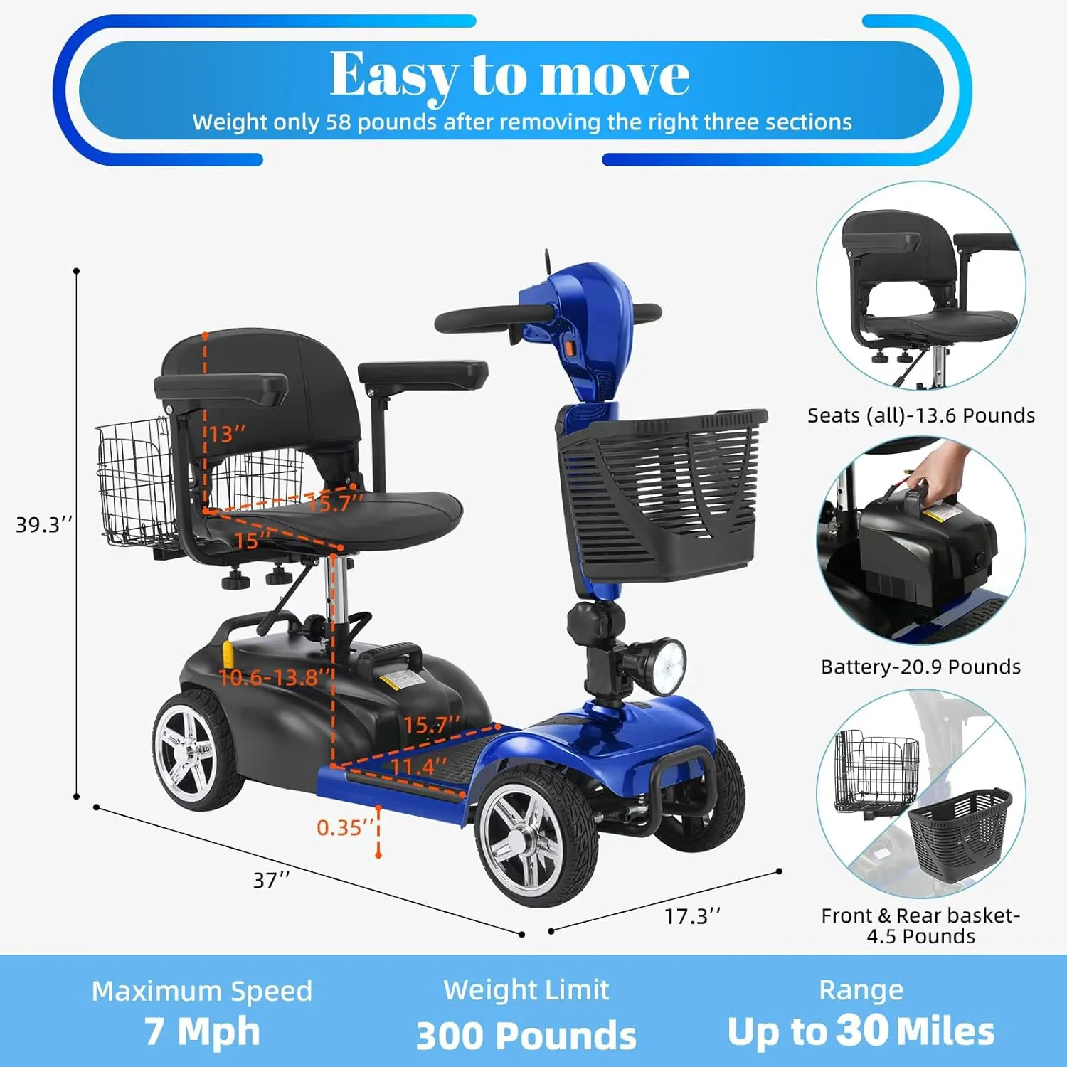 30-60 Miles Ecomobi MS02 Long Range 4 Wheels Electric Mobility Scooter for Adults/Seniors, 350W E-Wheelchair Device w/25Ah Extended Battery, Dual Baskets Compact Mobile for Travel(FSA/HSA Eligible)