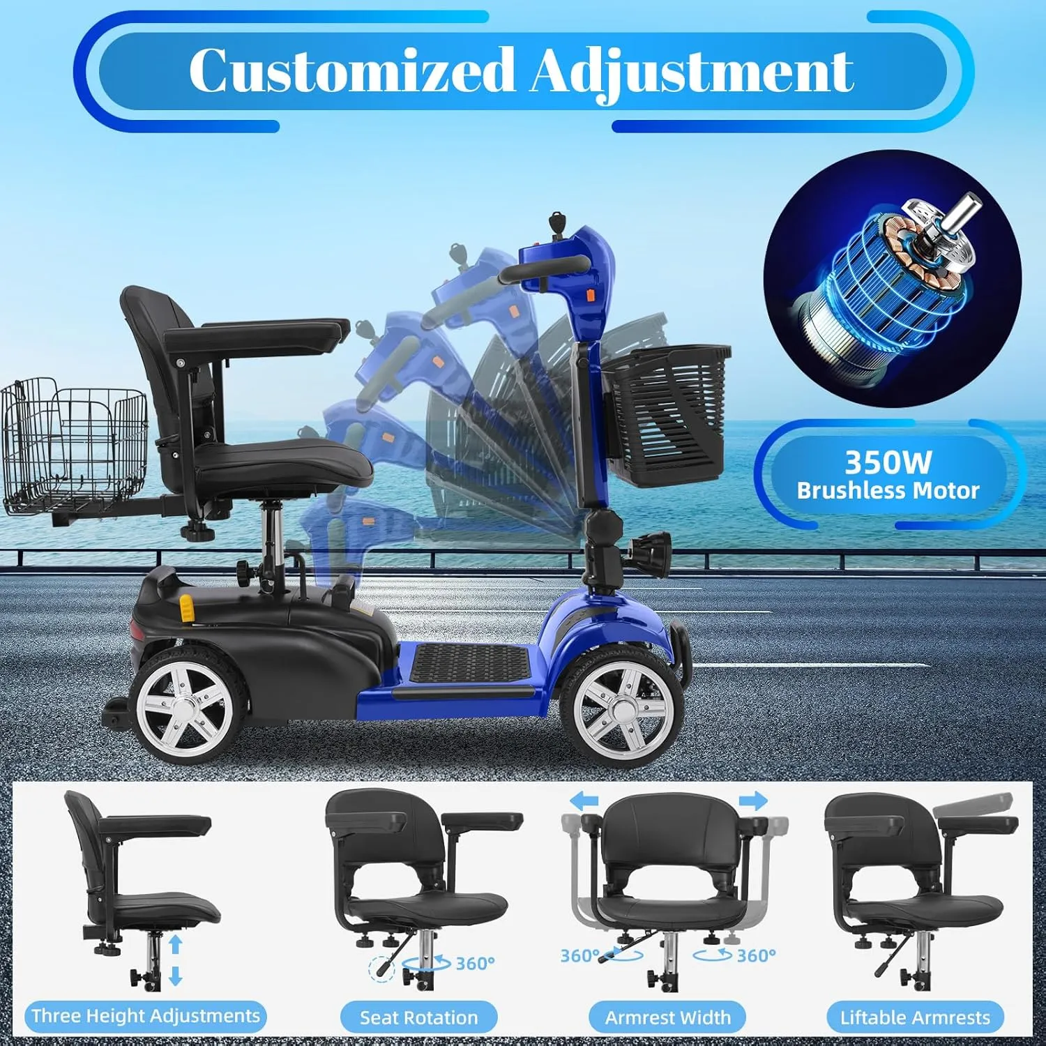 30-60 Miles Ecomobi MS02 Long Range 4 Wheels Electric Mobility Scooter for Adults/Seniors, 350W E-Wheelchair Device w/25Ah Extended Battery, Dual Baskets Compact Mobile for Travel(FSA/HSA Eligible)