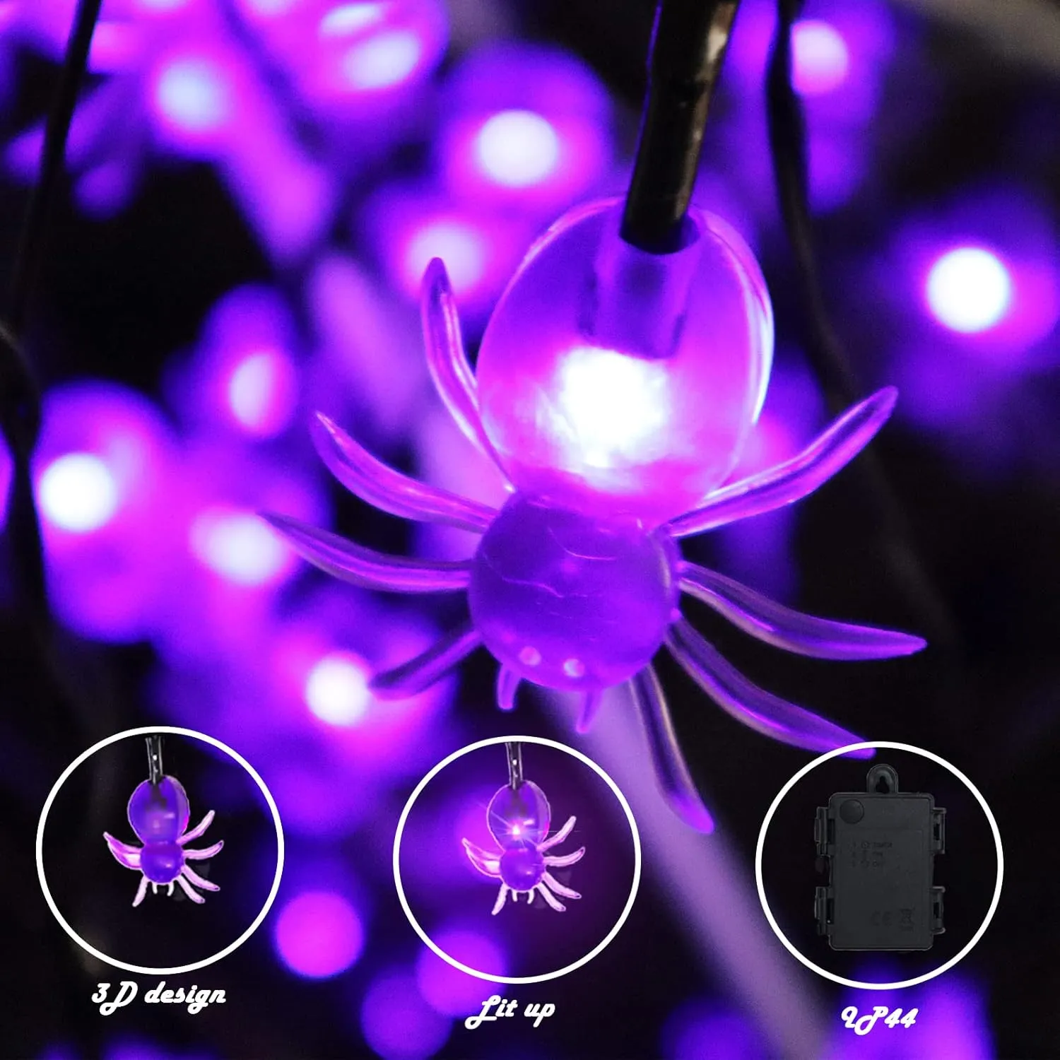 30 LED Spider String Lights 16 FT Halloween Decoration Light Battery Operated with Timer Function for Halloween Party Home Decoration (Purple)