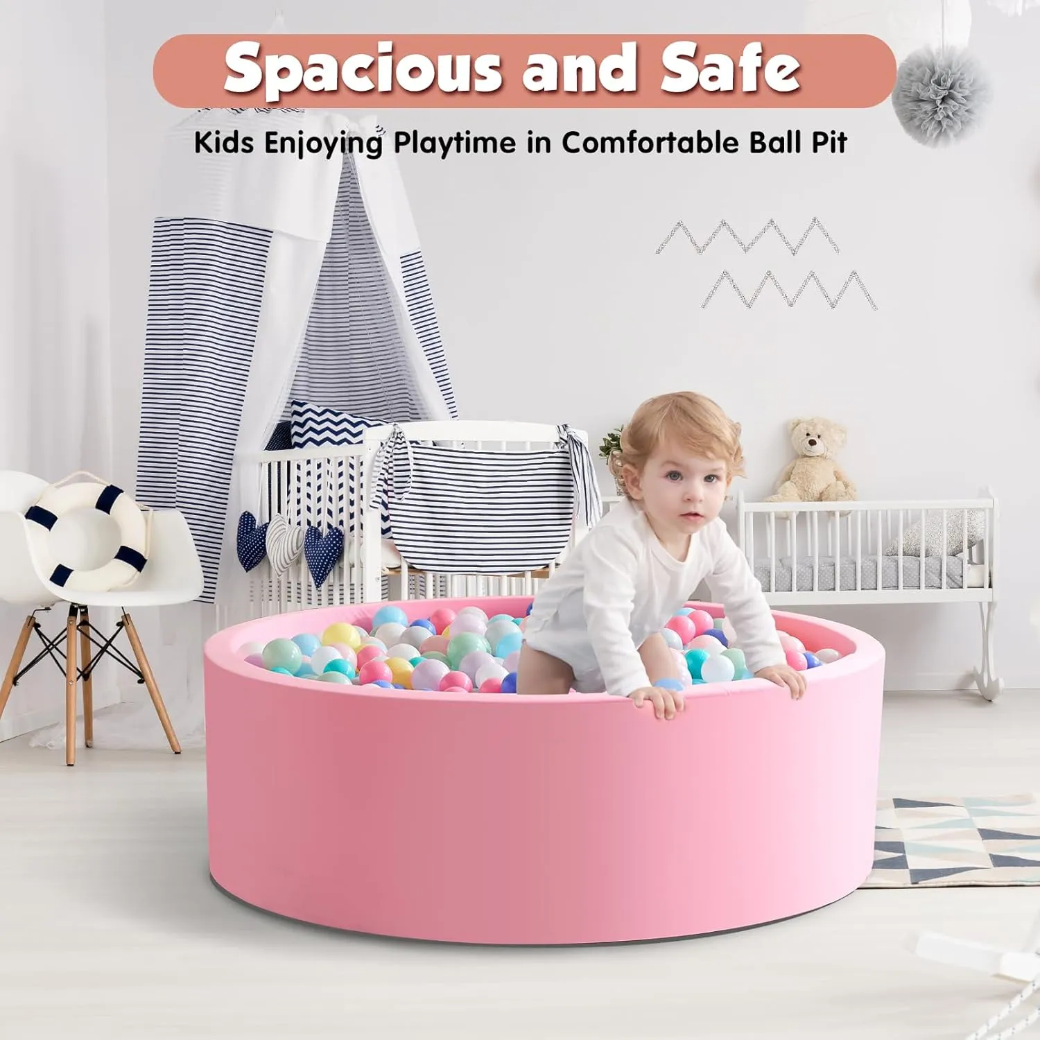 35.4" x 11.8" Foam Ball Pit for Toddlers, Baby Round Balls Pool for Babies 1-3, Kids Play Ball Pits Ideal Gift for Boys and Girls, Balls Not Included, Pink