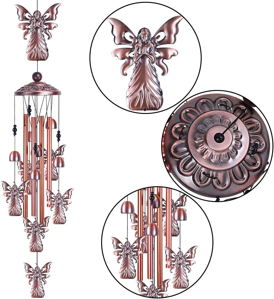 36" Garden Angel Wind Chimes Outdoor Indoor Decor -with 4 Aluminum Tubes 6 Bells 7 Angels Mobile Romantic Wind Catcher Angel Windchimes for Home, Xmas Mom Gifts, Balcony, Festival, Garden Decoration