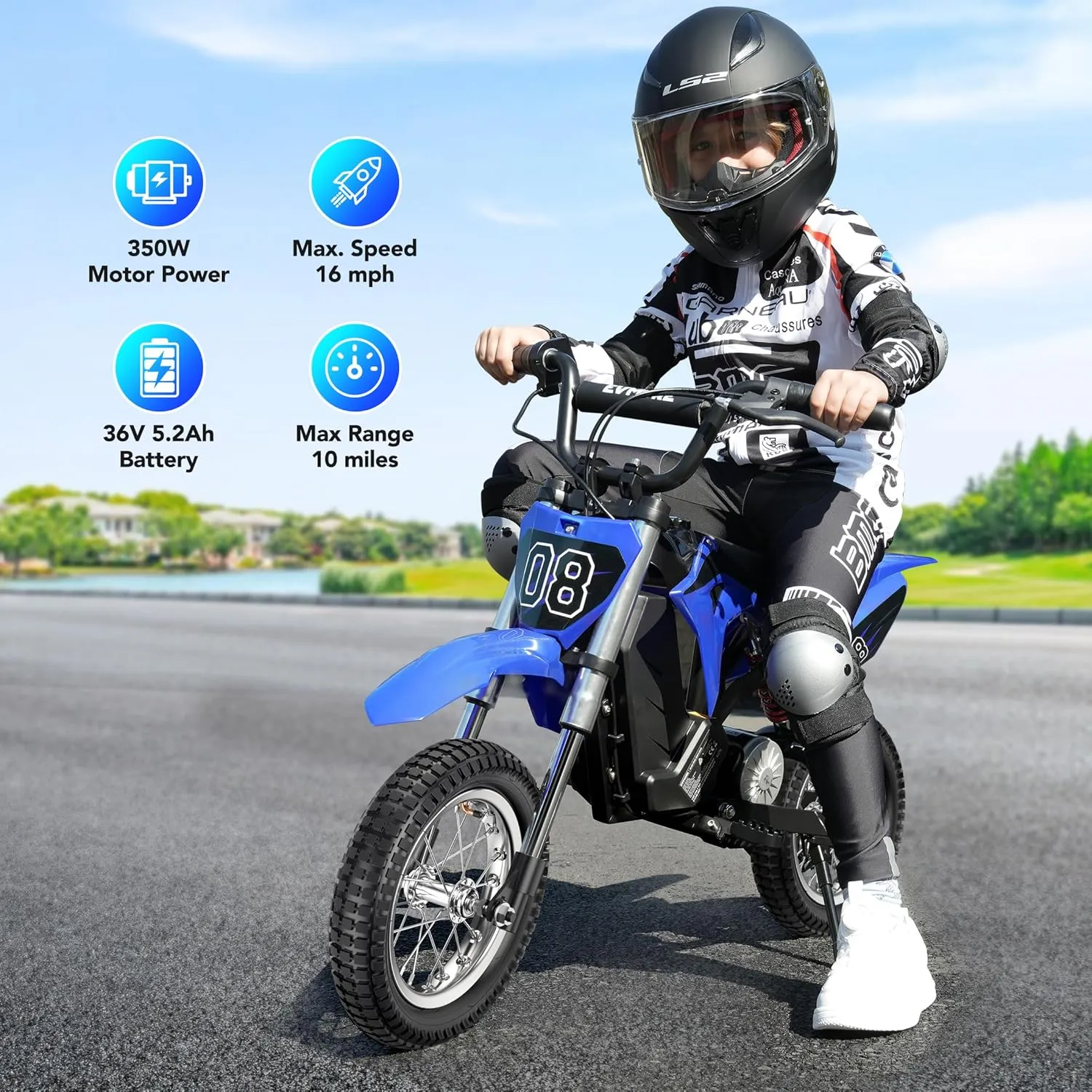 36V 350W Kids Electric Dirt Bike - Fast Speed Electric Motorcycle Up to 16 MPH & 10 Miles Long-Range, 3-Speed Modes, Twist Grip Throttle, Dual Suspension & Brakes for Kids Ages 5-8