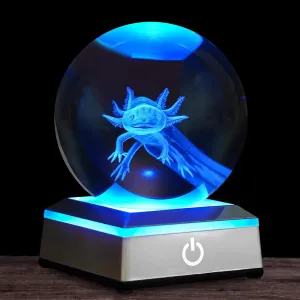 3D Axolotl Crystal Ball Night Light 3.15 inch Glass Ball Table Lamp with Color Changing Touch Base Decor Ideal Axolotls Gifts for Friends Kids Christmas Birthday
