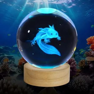 3D Axolotl Crystal Ball Night Light, Upgraded 3.15 Inch Glass Ball Lamp with 16 Color LED Wooden Base, Axolotl Decor Birthday Holiday Christmas Axolotl Gifts for Boys Girls Friends