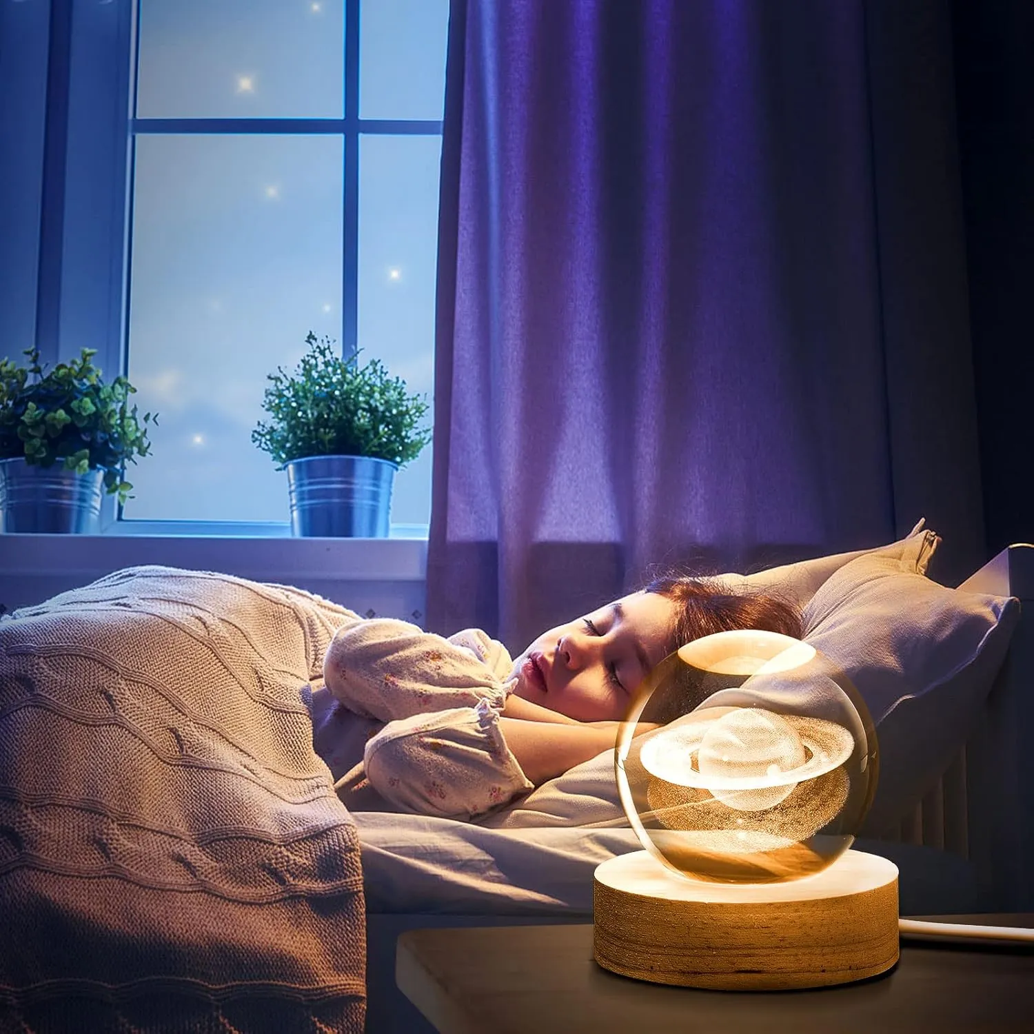3D Deer Forest Crystal Ball Night Light for Kids Glass Ball with Wooden Base Fantasy Decoration LED Galaxy Planet Nightlight Bedroom Decor