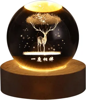 3D Deer Forest Crystal Ball Night Light for Kids Glass Ball with Wooden Base Fantasy Decoration LED Galaxy Planet Nightlight Bedroom Decor