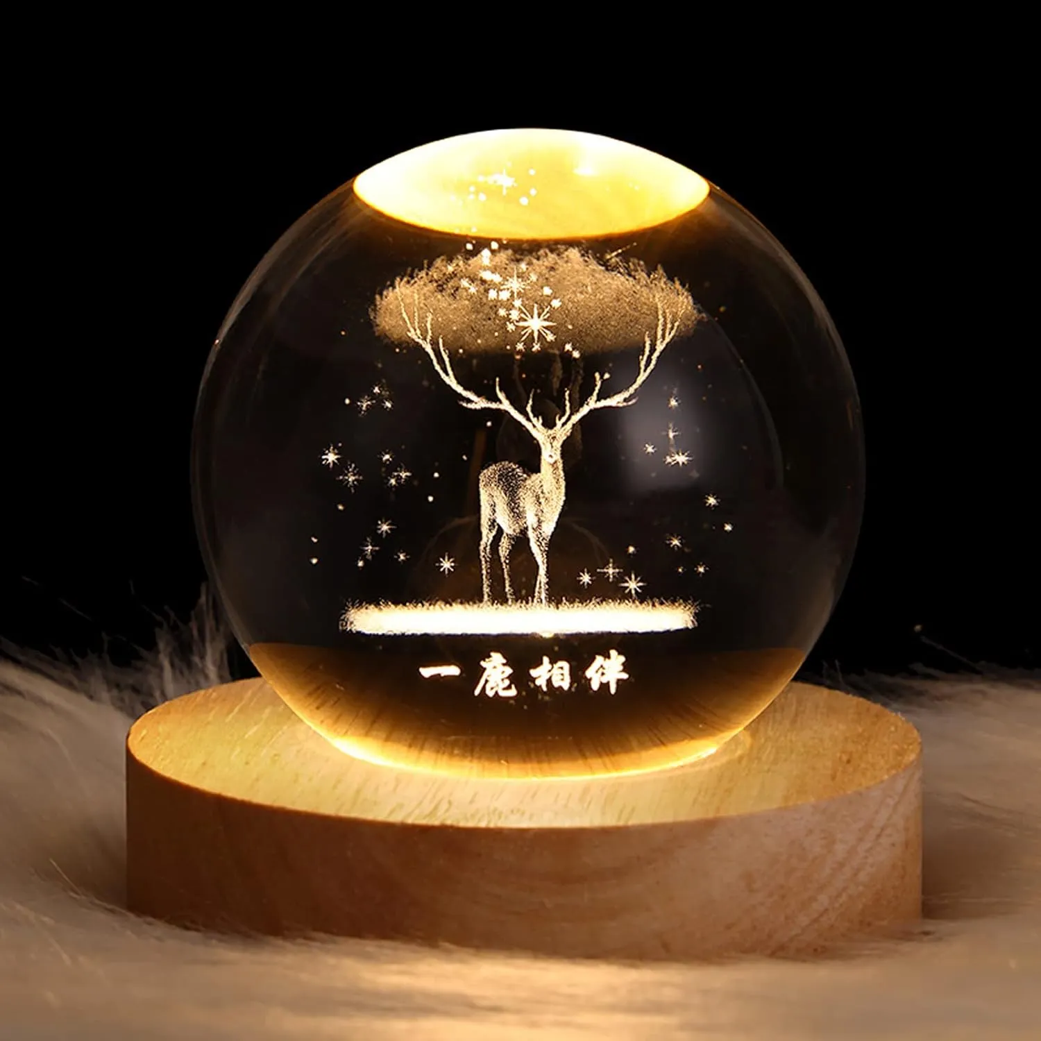 3D Deer Forest Crystal Ball Night Light for Kids Glass Ball with Wooden Base Fantasy Decoration LED Galaxy Planet Nightlight Bedroom Decor
