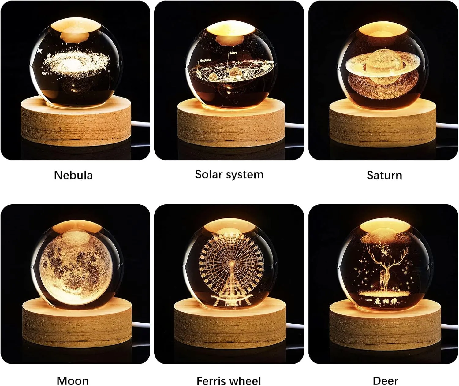 3D Deer Forest Crystal Ball Night Light for Kids Glass Ball with Wooden Base Fantasy Decoration LED Galaxy Planet Nightlight Bedroom Decor