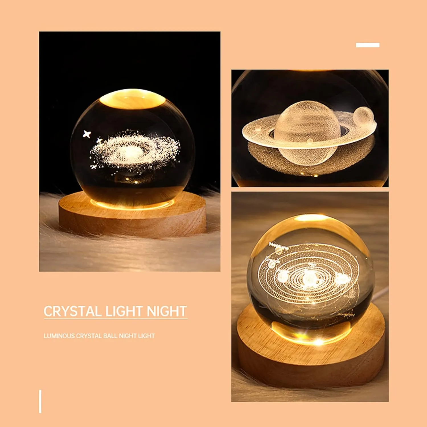 3D Deer Forest Crystal Ball Night Light for Kids Glass Ball with Wooden Base Fantasy Decoration LED Galaxy Planet Nightlight Bedroom Decor