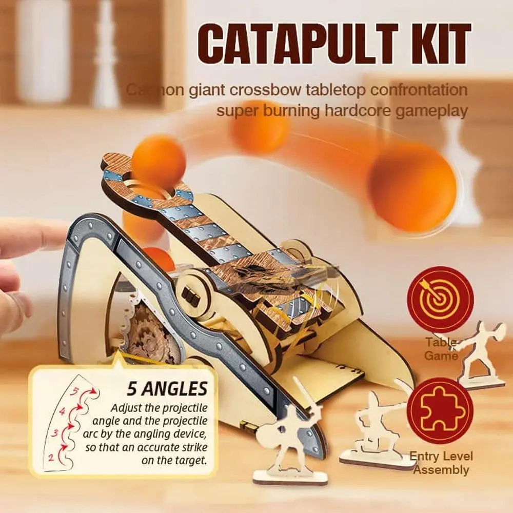 3D Wooden Catapult Kit STEM Toy for Kids, Includes Panels, Elastic Bands, and EVA Balls, Explore Physics Principles of Force, Trajectory, and Levers, Educational Craft Kit
