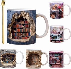 3D Bookshelf Mug - A Library Shelf Cup, Give a Stainless Steel Square Head Golden Exquisite Spoon,Creative Space Design Multi-Purpose Ceramic Mug, Christmas Gifts for Readers Bookish 3D White Mug (A)