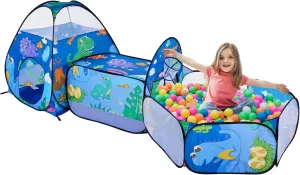 3pc Dinosaur Kids Play Tent, Crawl Tunnel, Ball Pit with Basketball Hoop, Outdoor Indoor Playhouse for Boys, Pop Up Toddlers Tent, Blue