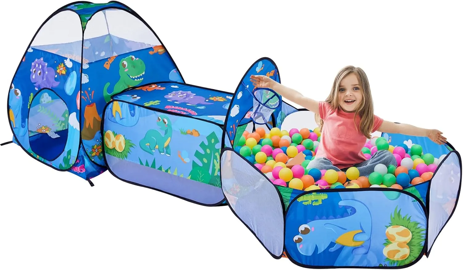 3pc Dinosaur Kids Play Tent, Crawl Tunnel, Ball Pit with Basketball Hoop, Outdoor Indoor Playhouse for Boys, Pop Up Toddlers Tent, Blue