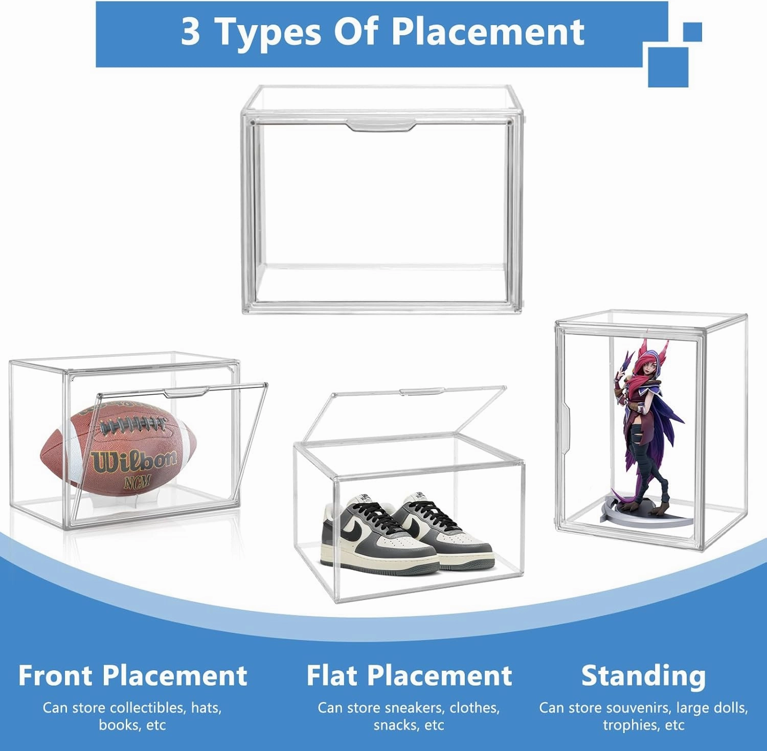 3PCS Clear Display Case, Clear Stackable Plastic Storage Bins, Storage Box with Magnetic Door for Autographed Footballs, Memorabilia, Bag, Shoe, Models, Toy, Action Figure Organizer